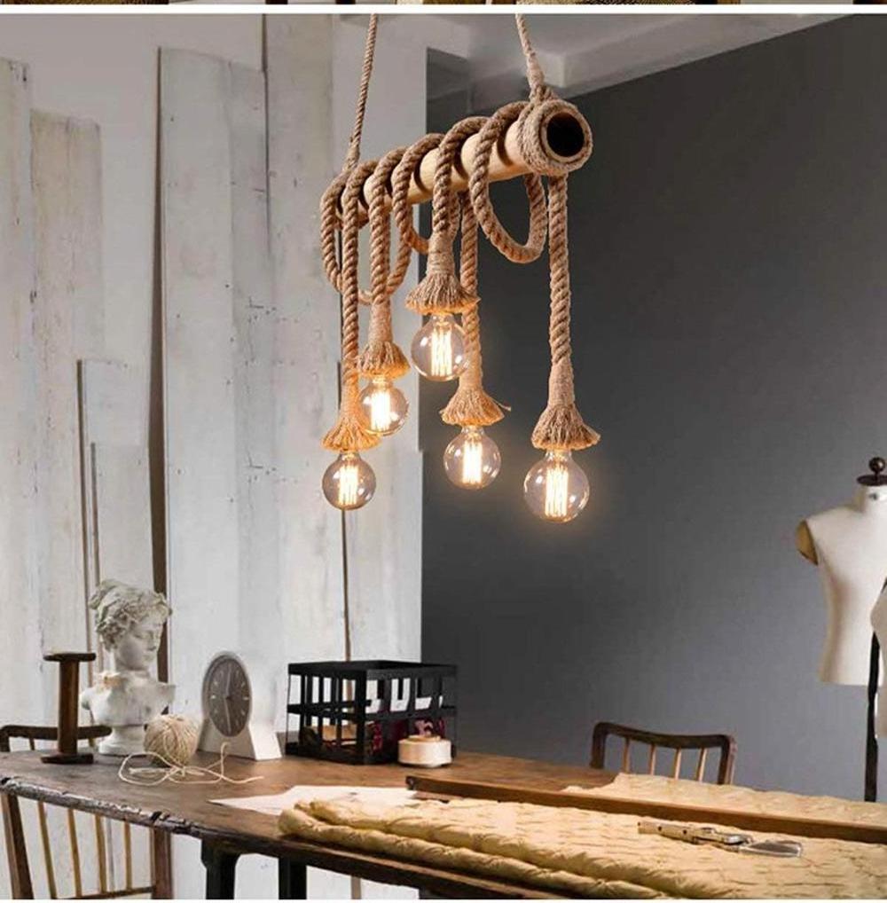 Country Style 6 Heads Hemp Rope Pendant Light Vintage Bamboo Rustic Industrial Hanging Lamp  Fixture for Kitchen Island