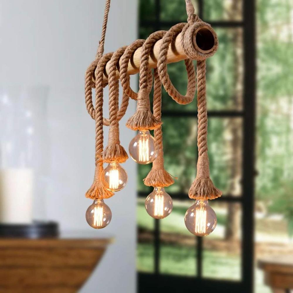 Country Style 6 Heads Hemp Rope Pendant Light Vintage Bamboo Rustic Industrial Hanging Lamp  Fixture for Kitchen Island