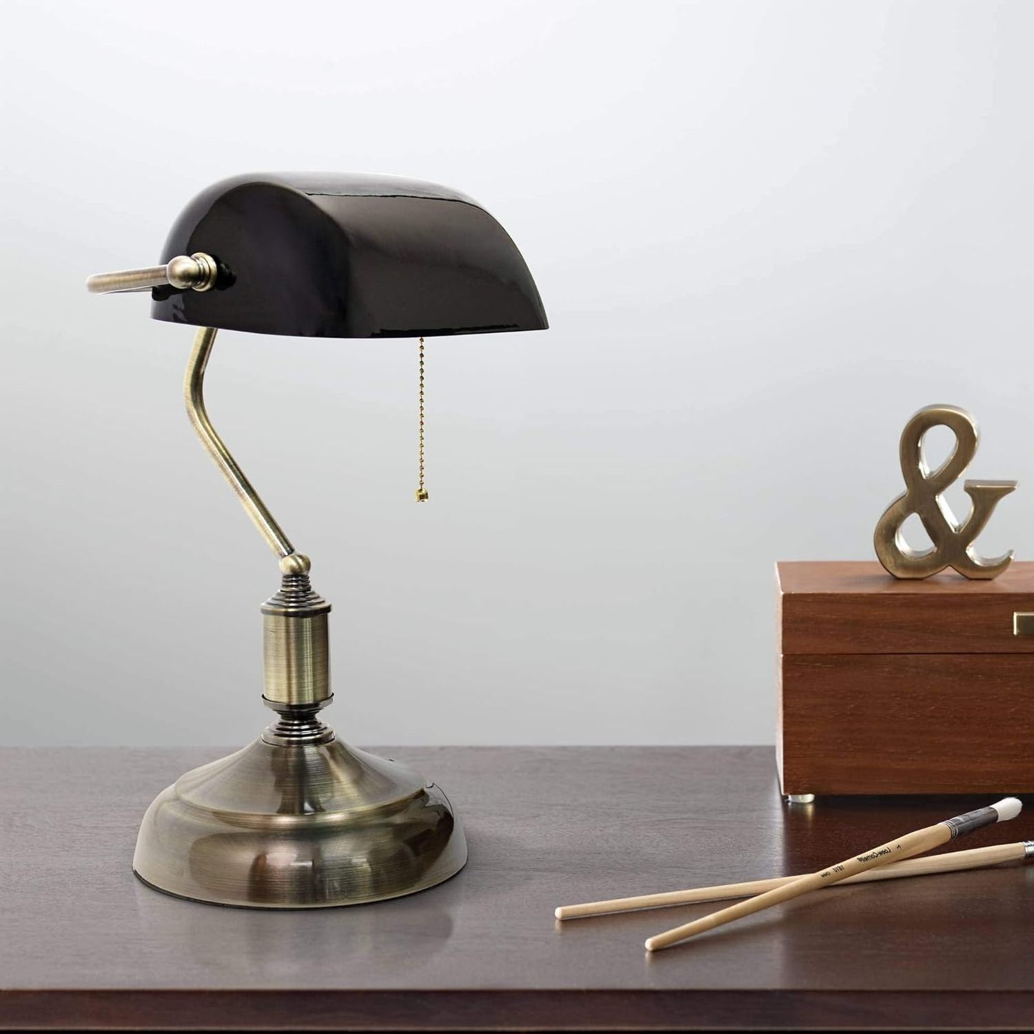 Glass Banker Desk Lamp with Pull Chain Switch Plug in Fixture