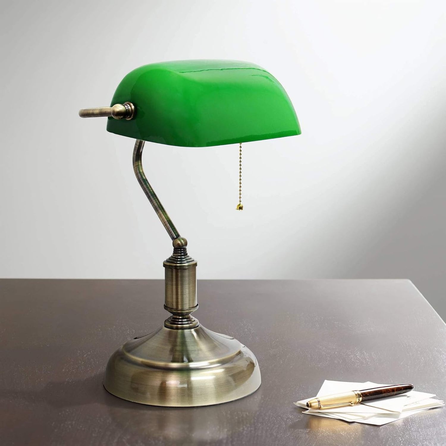 Glass Banker Desk Lamp with Pull Chain Switch Plug in Fixture