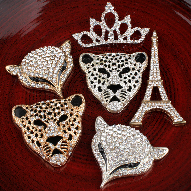 Hot Fix Vintage Metal fox/tower/crown/leopard head Crystal Buttons Alloy Flatback Rhinestone Buttons for Hair Accessories