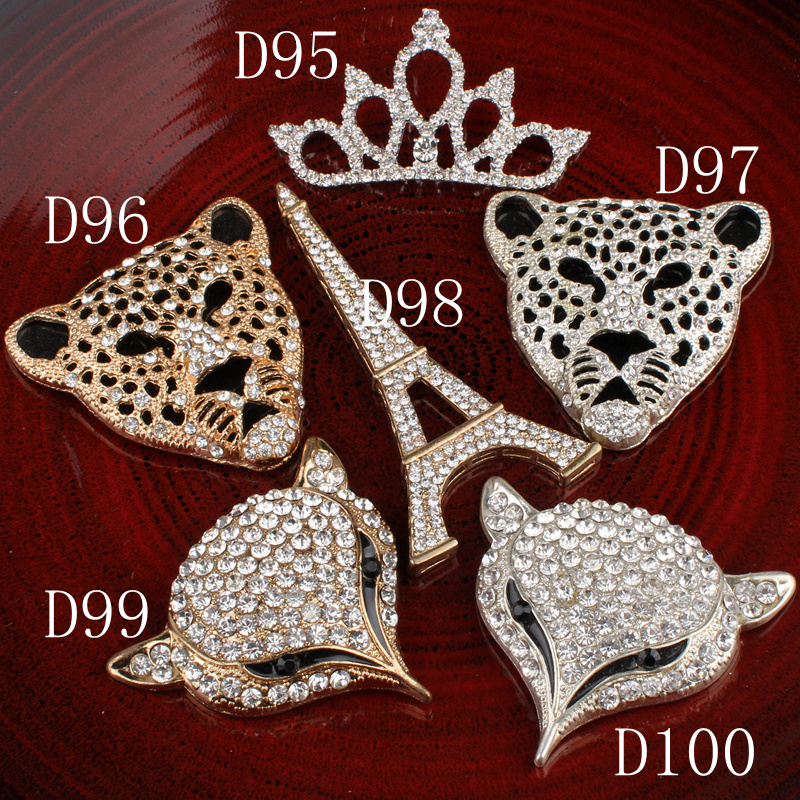 Hot Fix Vintage Metal fox/tower/crown/leopard head Crystal Buttons Alloy Flatback Rhinestone Buttons for Hair Accessories