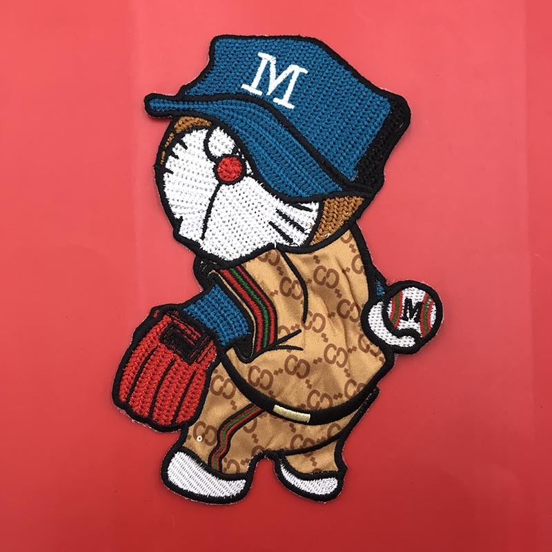 Cartoon embroidery M-shaped cloth patch with cat pattern and holes in down jacket decoration patch