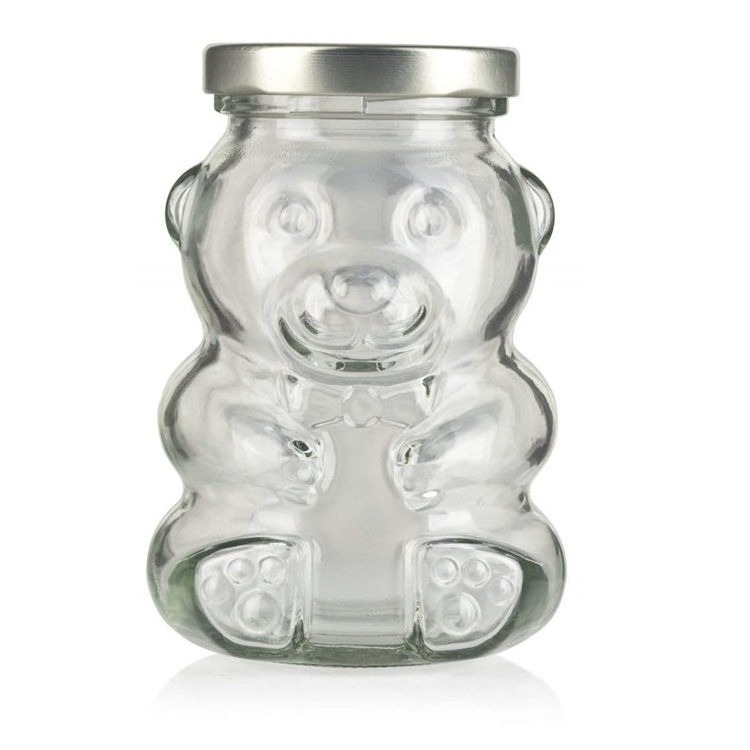 Wholesale Teddy Bear Shaped  Glass Bottle Honey Bee Candy Sugar Chocolate Glass Jar With Lug Lid Wood Dipper8oz