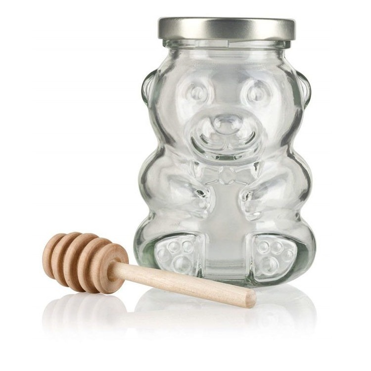 Wholesale Teddy Bear Shaped  Glass Bottle Honey Bee Candy Sugar Chocolate Glass Jar With Lug Lid Wood Dipper8oz