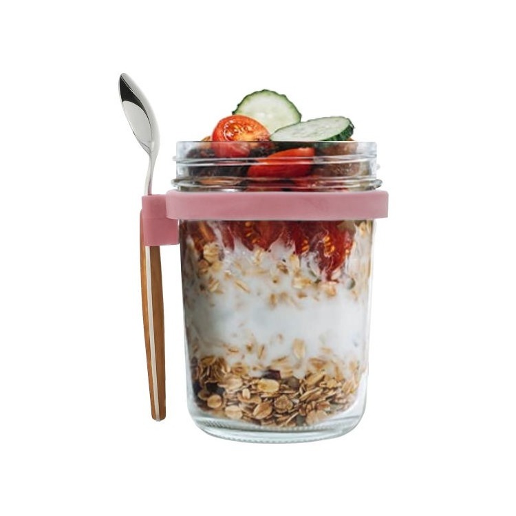 New Style 300ml 350ml Glass Oats Jars Glass Cereal Milk Oatmeal Cup Measurement Marks Mason Jar With Spoon Ready Stock