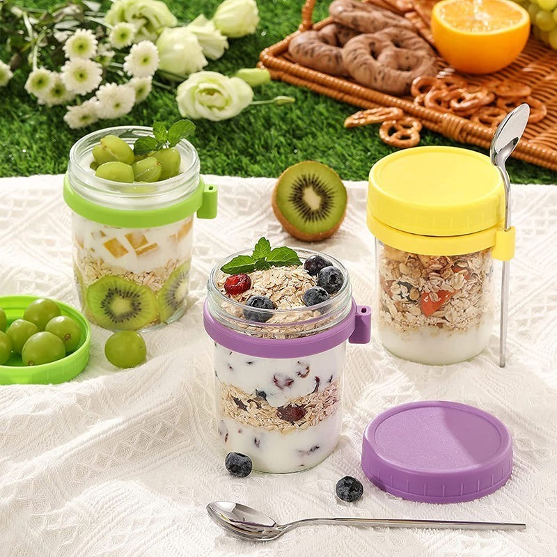 New Style 300ml 350ml Glass Oats Jars Glass Cereal Milk Oatmeal Cup Measurement Marks Mason Jar With Spoon Ready Stock