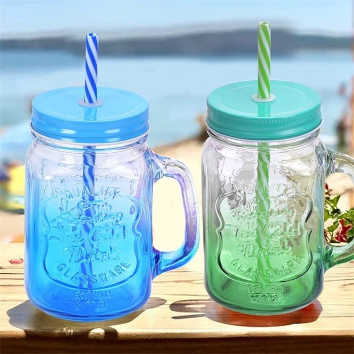 High Quality Colorful Square 16oz Glass Mason Jar With Handles Wholesale480ml Juice Mason Jar With Straw