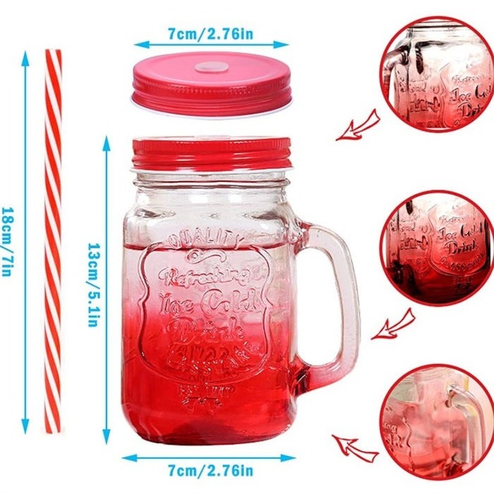 High Quality Colorful Square 16oz Glass Mason Jar With Handles Wholesale480ml Juice Mason Jar With Straw