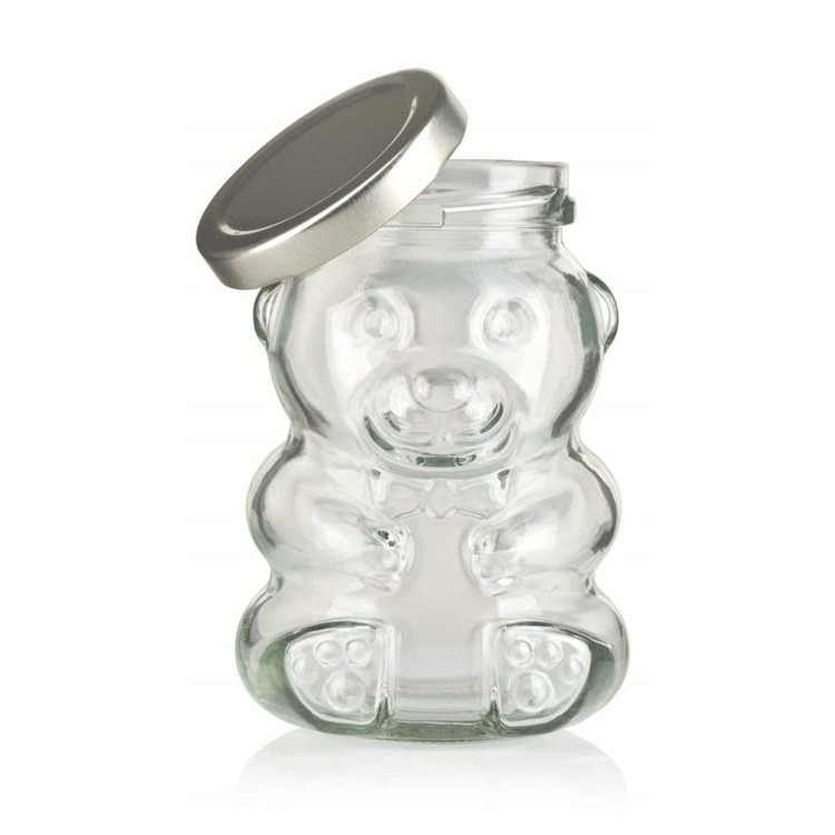 Wholesale Teddy Bear Shaped  Glass Bottle Honey Bee Candy Sugar Chocolate Glass Jar With Lug Lid Wood Dipper8oz