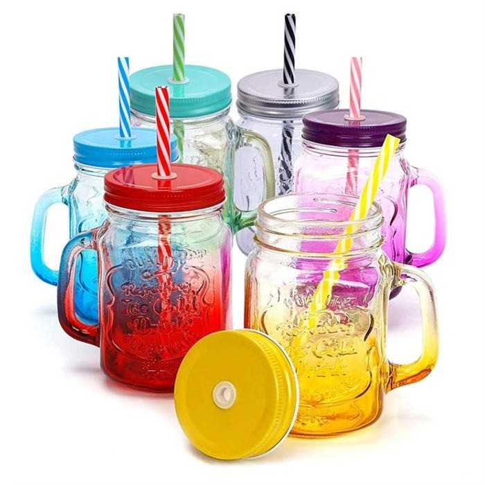 High Quality Colorful Square 16oz Glass Mason Jar With Handles Wholesale480ml Juice Mason Jar With Straw