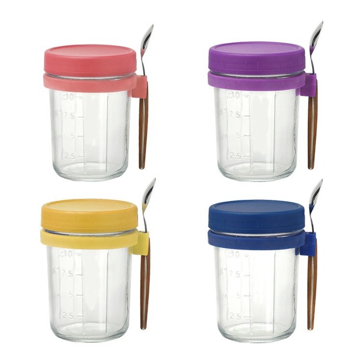 New Style 300ml 350ml Glass Oats Jars Glass Cereal Milk Oatmeal Cup Measurement Marks Mason Jar With Spoon Ready Stock