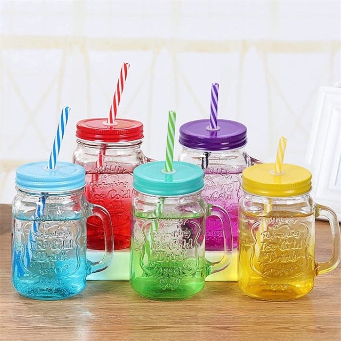 High Quality Colorful Square 16oz Glass Mason Jar With Handles Wholesale480ml Juice Mason Jar With Straw