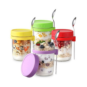 New Style 300ml 350ml Glass Oats Jars Glass Cereal Milk Oatmeal Cup Measurement Marks Mason Jar With Spoon Ready Stock