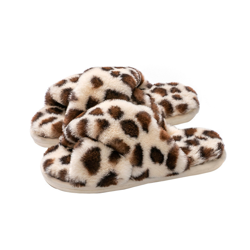 Y980 Leopard Print Cross-strap Cotton Slippers Furry Fluffy Warm Women Shoes oft Bottom Comfortable Home Slippers