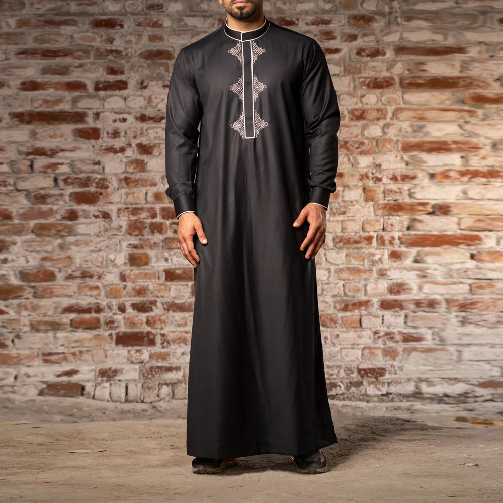 2024 New Design Thobe Men Muslim Moroccan Thobe For Men High Quality Stand Collar Muslim Clothes For Men