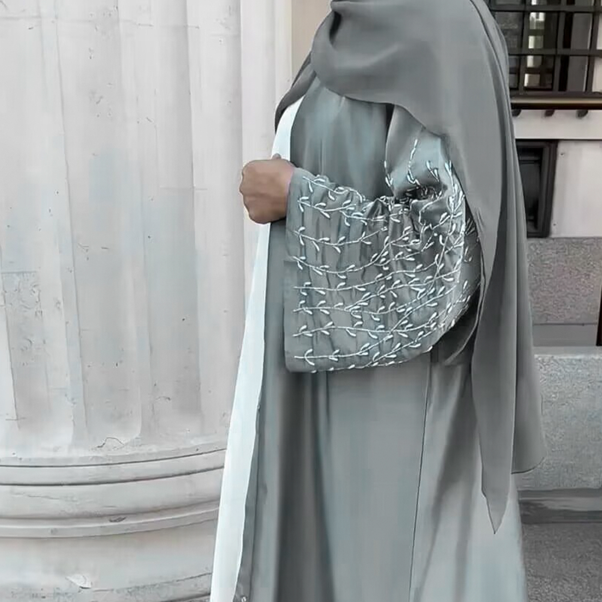 Muslim Women Islamic Clothing Satin Modest Dress Dubai Middle East Luxury Open Abaya With Handmade Beads