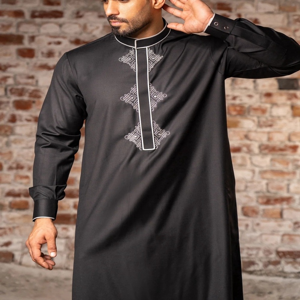 2024 New Design Thobe Men Muslim Moroccan Thobe For Men High Quality Stand Collar Muslim Clothes For Men