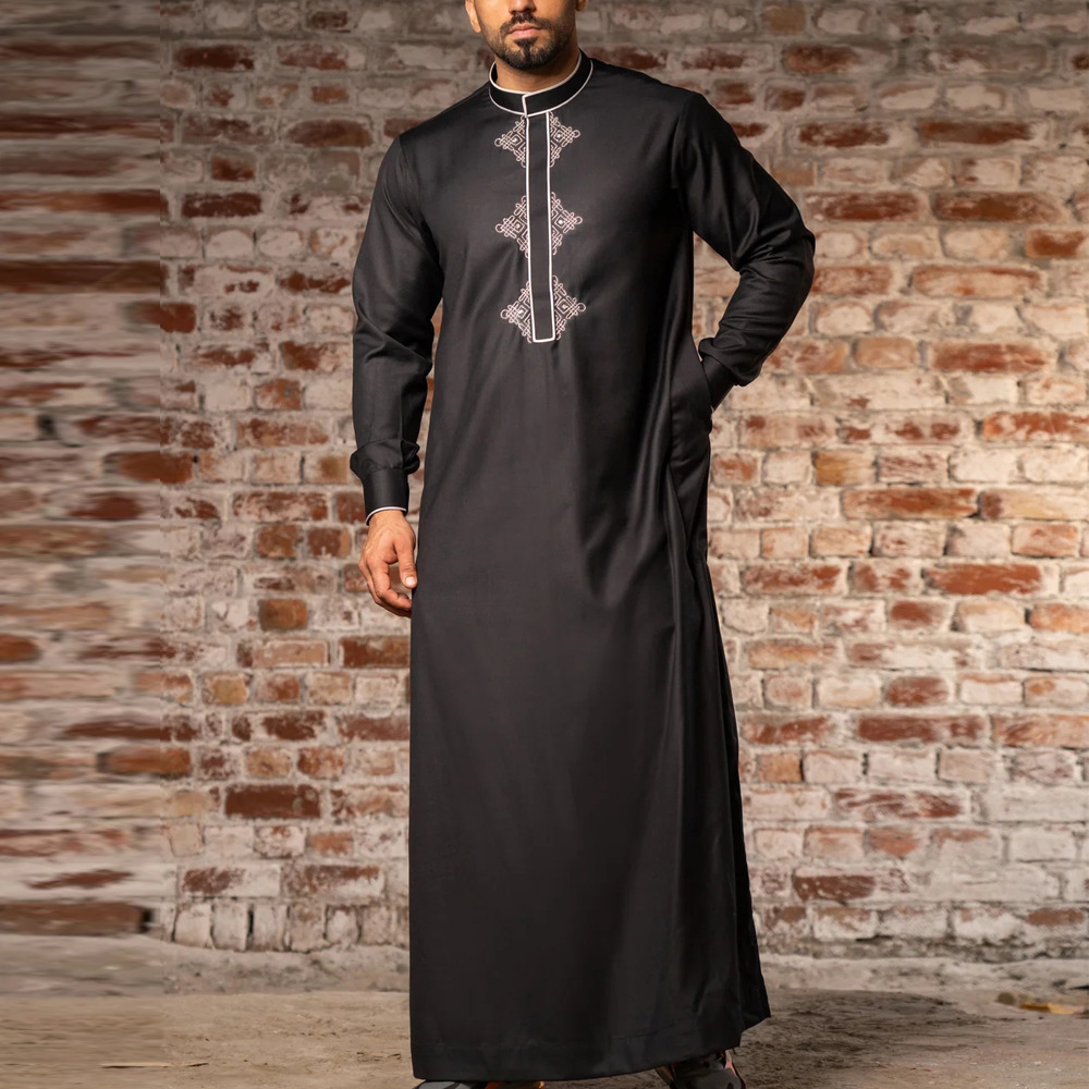 2024 New Design Thobe Men Muslim Moroccan Thobe For Men High Quality Stand Collar Muslim Clothes For Men