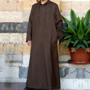 Arabic style simple long men's hooded shirt Casual Muslim robe Solid color long sleeves loose Islamic Muslim hoodie thobe