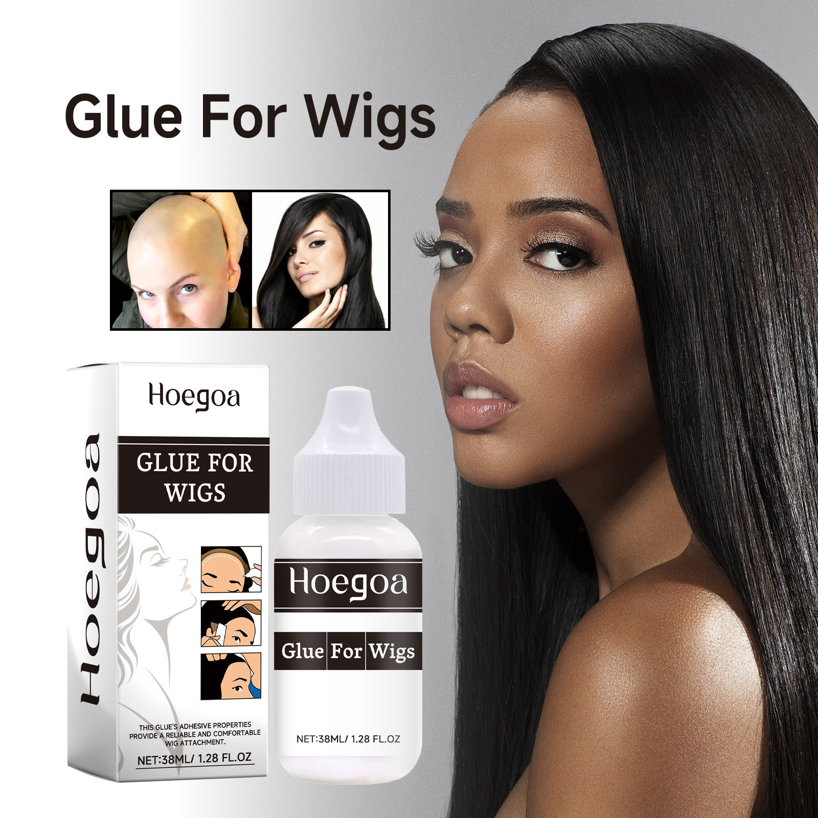 HOEGOA  38ml Extreme Hold Fast Dry Hold Natural Hair Wig Glue Waterproof Lace Wig Adhesive Comfortable Clear Lace Glue