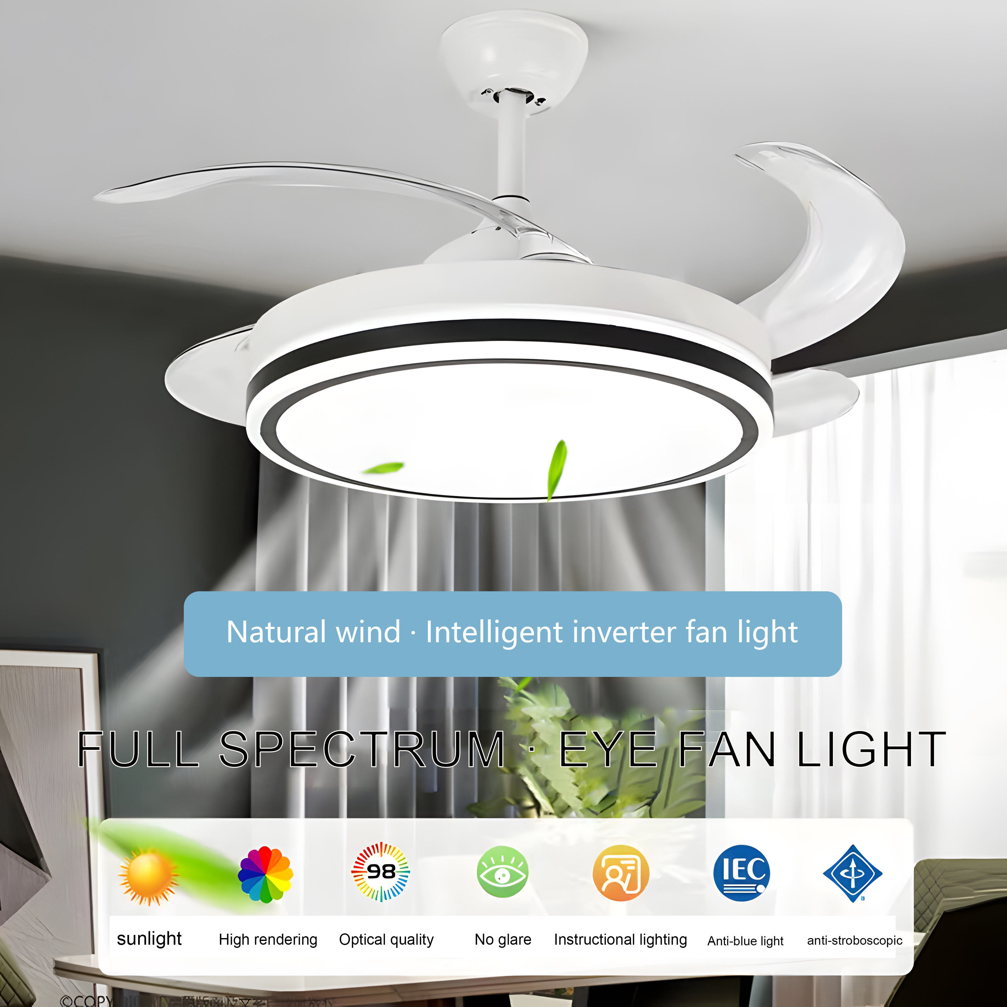 Chandelier 4 ABS Blades All Copper Moto Retractable Invisible Led Ceiling Fan With Light And Remote