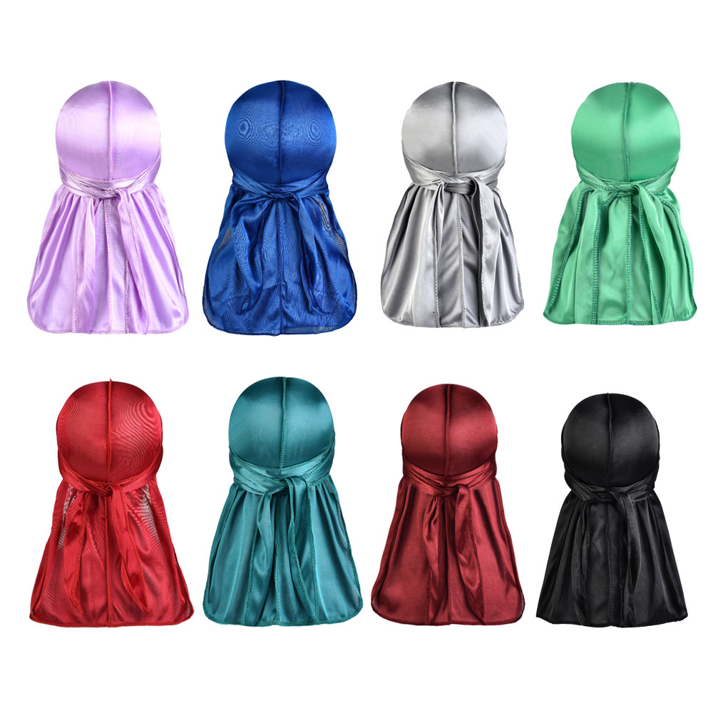 Solid Sport Silk Durag African Men's Turban Head Wrap long tail silky  headwrap du rag bandana