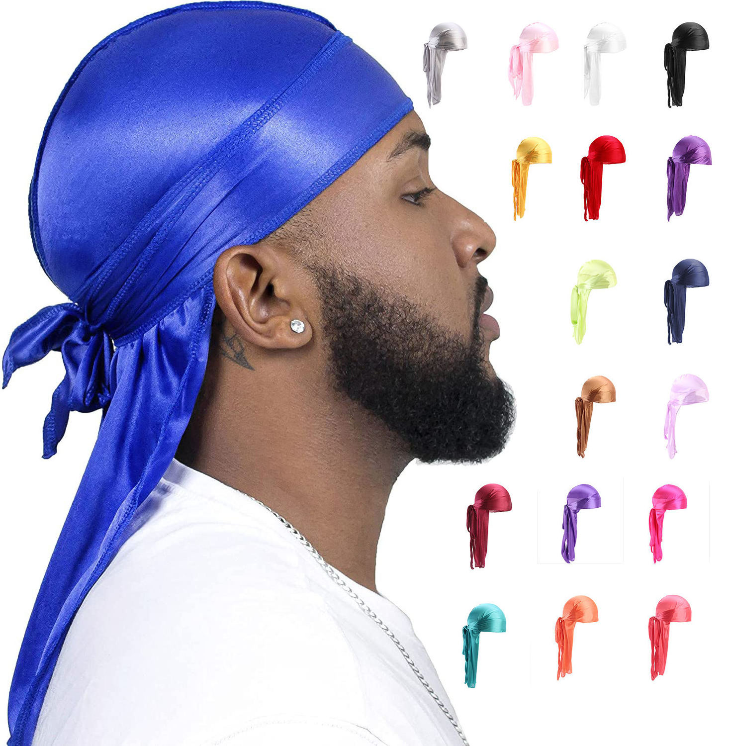 Solid Sport Silk Durag African Men's Turban Head Wrap long tail silky  headwrap du rag bandana