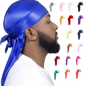 Solid Sport Silk Durag African Men's Turban Head Wrap long tail silky  headwrap du rag bandana