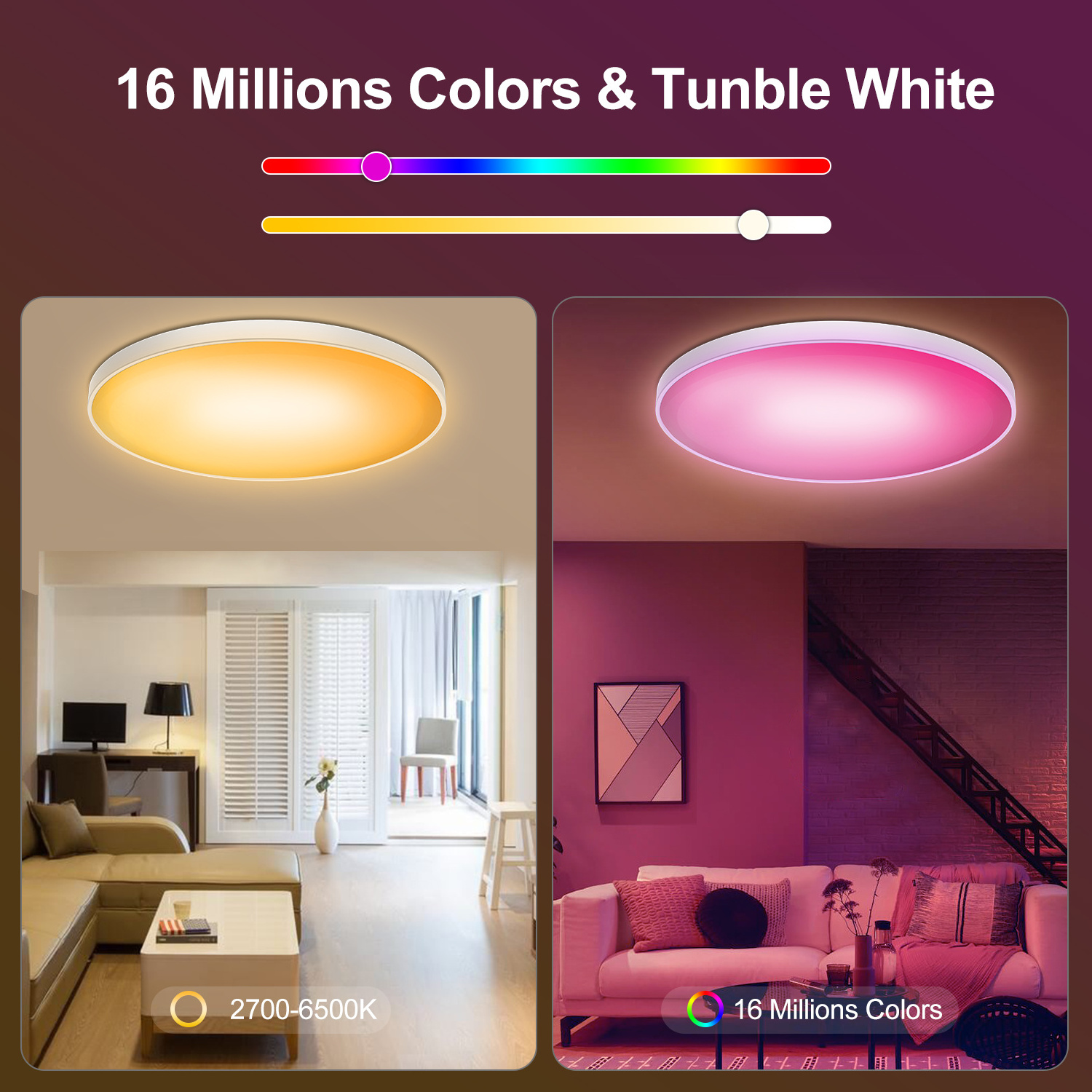 Smart WiFi BLE ceiling lamp 30W 9inch full color tunable voice control ceiling lights