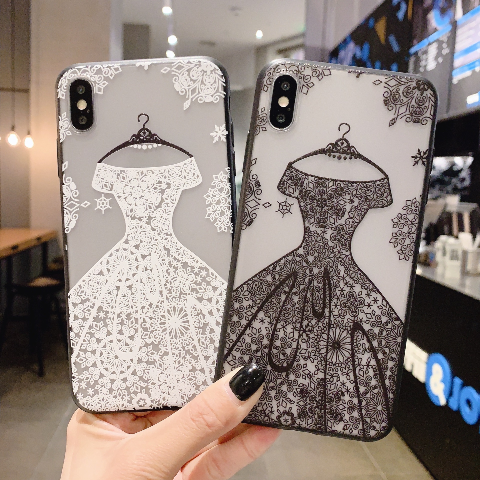 Customized emboss luxury lace skirt black evening dress girl TPU PC mobile phone case for iPhone 14 Pro Max Phone Case