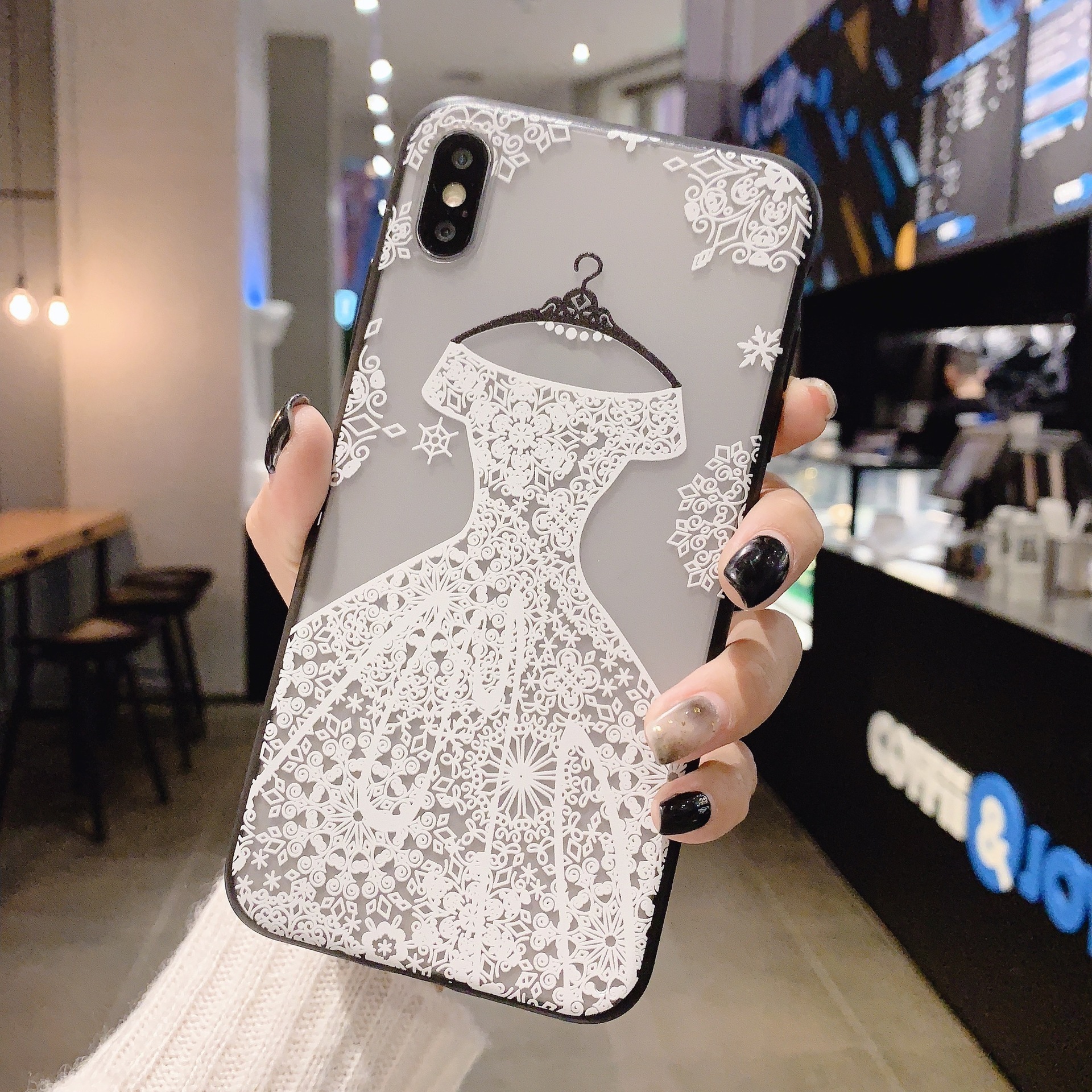 Customized emboss luxury lace skirt black evening dress girl TPU PC mobile phone case for iPhone 14 Pro Max Phone Case