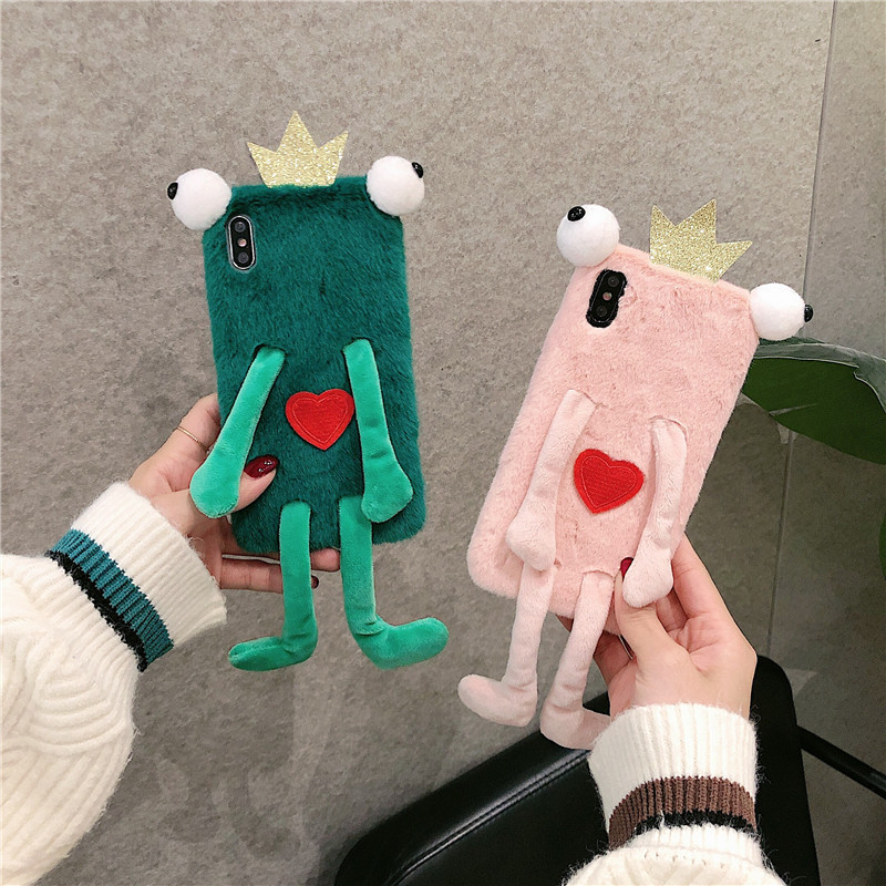 Fashion Cute 3D Cartoon frog Fluffy Plush Soft Warm Fur Cell Phone Case For iPhone 15 14 Pro Max Phone Case