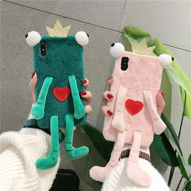 Fashion Cute 3D Cartoon frog Fluffy Plush Soft Warm Fur Cell Phone Case For iPhone 15 14 Pro Max Phone Case