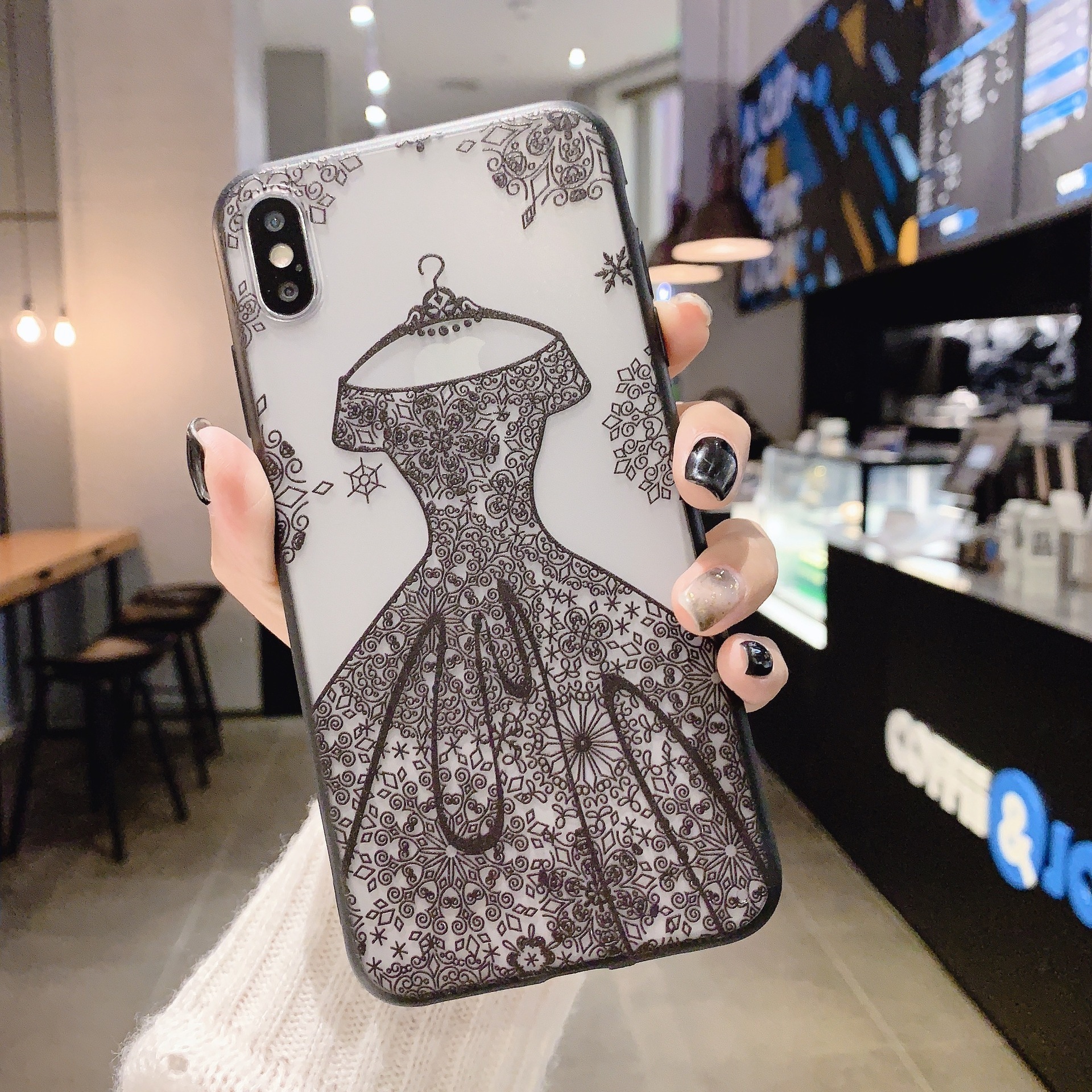 Customized emboss luxury lace skirt black evening dress girl TPU PC mobile phone case for iPhone 14 Pro Max Phone Case