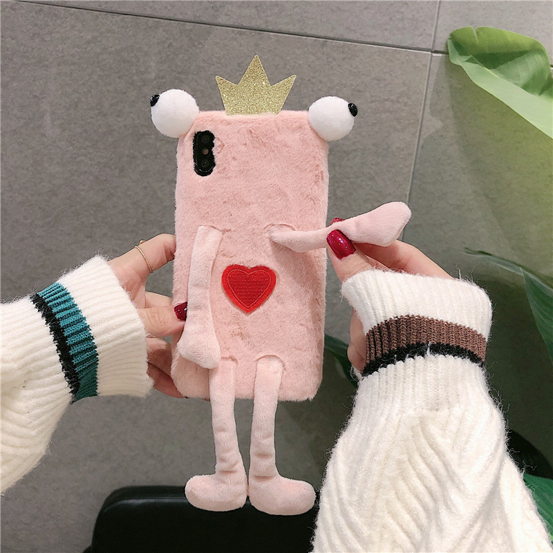 Fashion Cute 3D Cartoon frog Fluffy Plush Soft Warm Fur Cell Phone Case For iPhone 15 14 Pro Max Phone Case