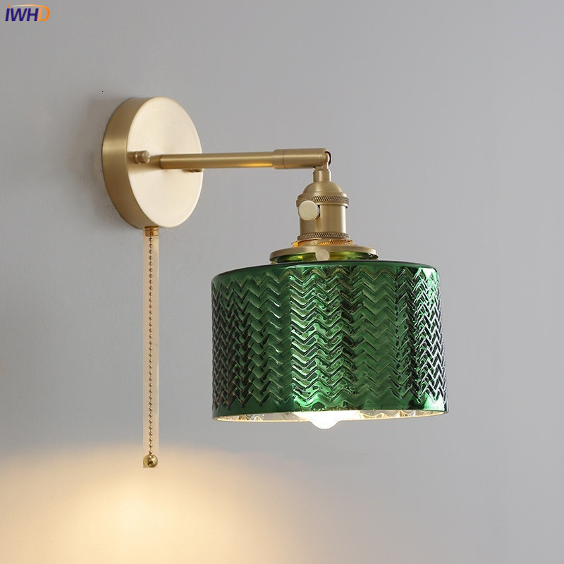 IWHD Pull Chain Switch LED Wall Lamp Sconce Beside Bedroom Bathroom Mirror Stair Light Glass Lampshade Modern Nordic Wandlamp