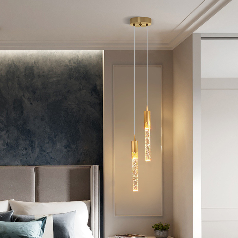 New Modern Light Luxury Bedroom Beside LED Pendant Lamp for Villa Stair Duplex Gold Single Head Small Crystal Chandelier