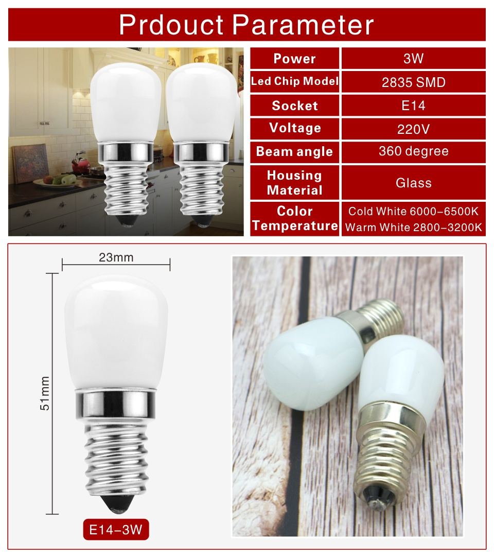 3W E12 E14 LED Fridge Light Bulb Refrigerator Corn Bulb AC 220V LED Lamp Cold/Warm White SMD2835 Replace Halogen Light