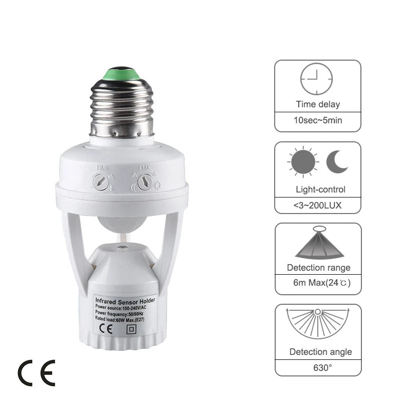 Durlite Motion Sensor Light Socket E26Adapter Auto On/Off Light Control E27 PIR Smart Lamp Bulb Holder