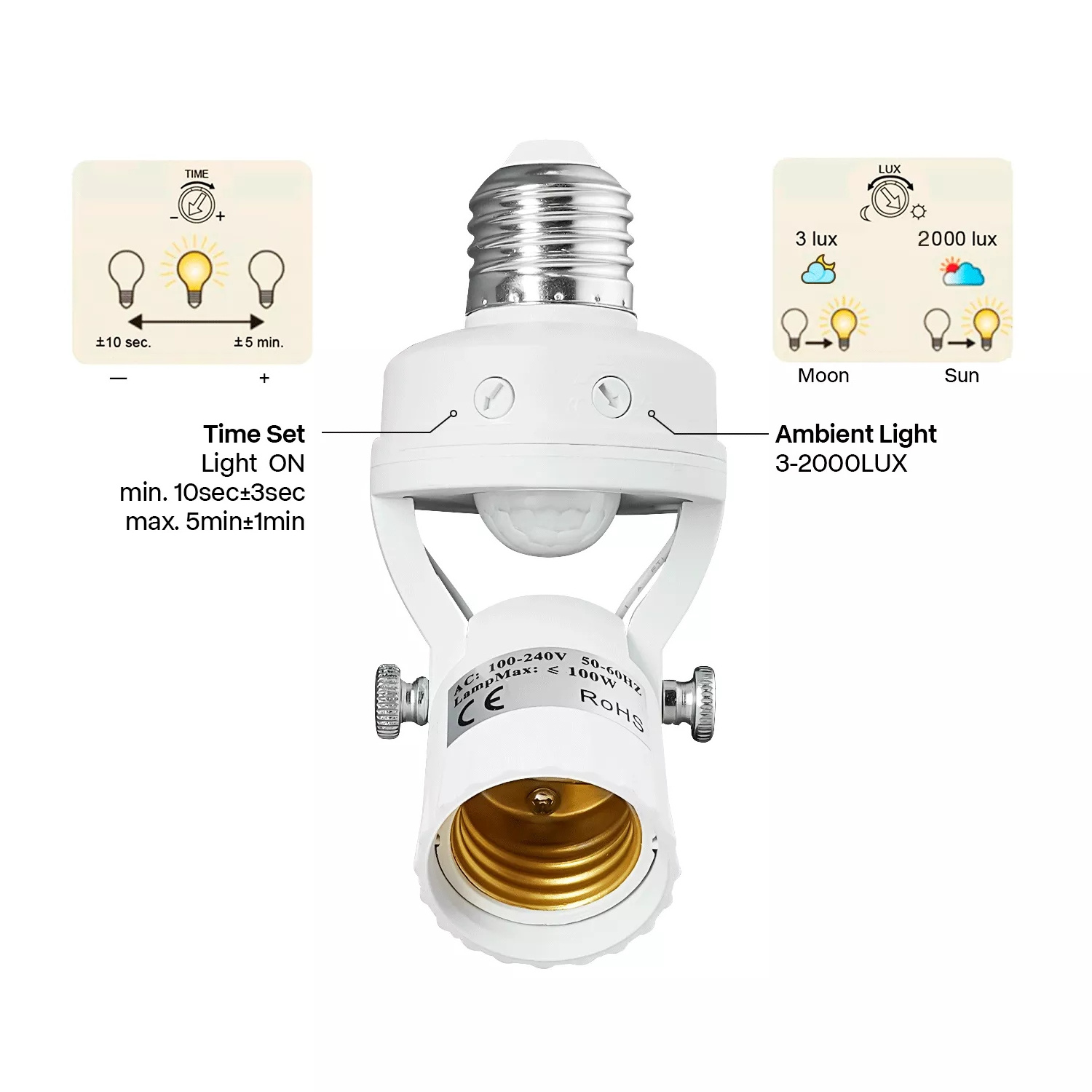 Durlite Motion Sensor Light Socket E26Adapter Auto On/Off Light Control E27 PIR Smart Lamp Bulb Holder