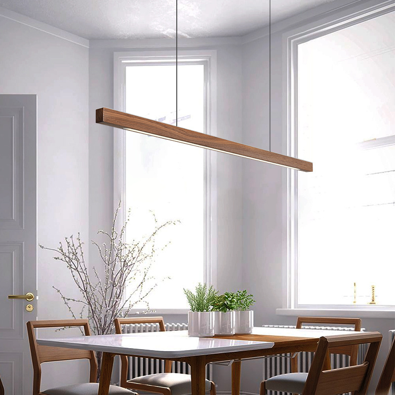 Wooden Pendant Lights Hanging Lamp Modern Table LED Long Linear Light Kitchen Island Lighting for Dining Living Room Office