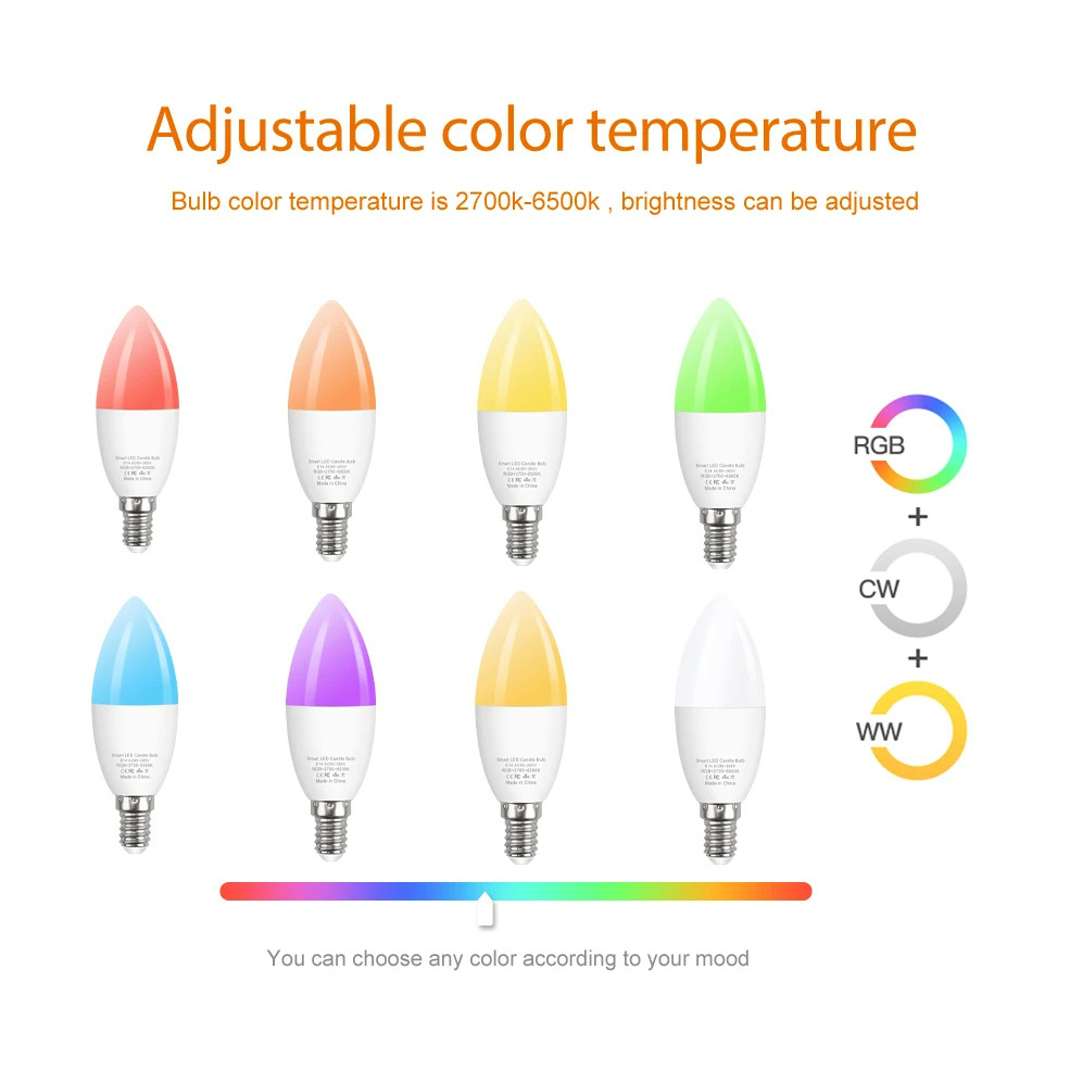 E14 Led Light Bulb RGB CW  WW Dimmable LED Lamp Voice Control Candle Bulb Wifi Alexa Tuya Smart Led Bulb