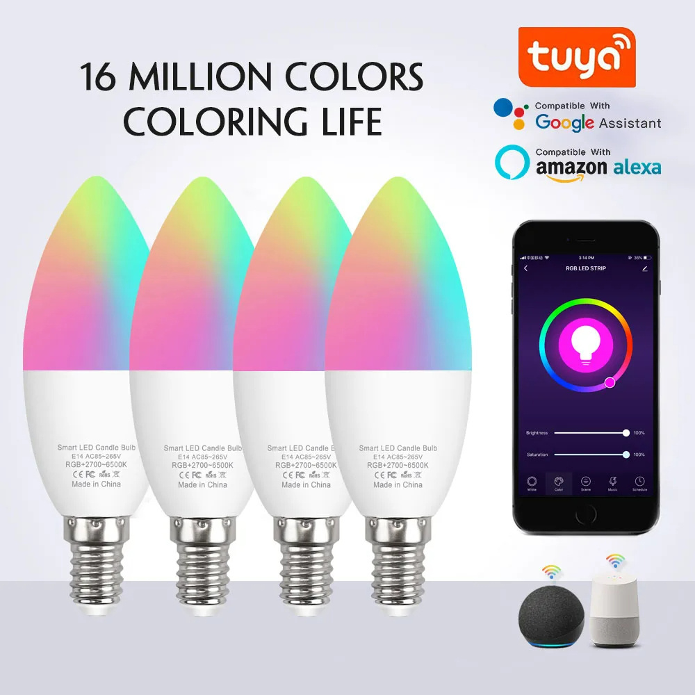 E14 Led Light Bulb RGB CW  WW Dimmable LED Lamp Voice Control Candle Bulb Wifi Alexa Tuya Smart Led Bulb