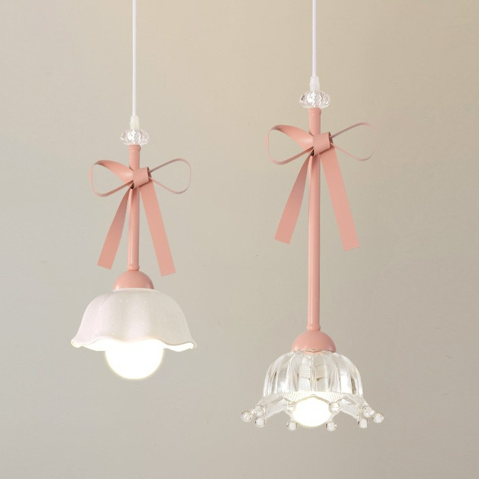 Bedroom Bedside Lighting Ceramic Glass Sconces Pink Bowknot Ceiling Suspended Light Romantic Princess Room Girl Pendant Lamp