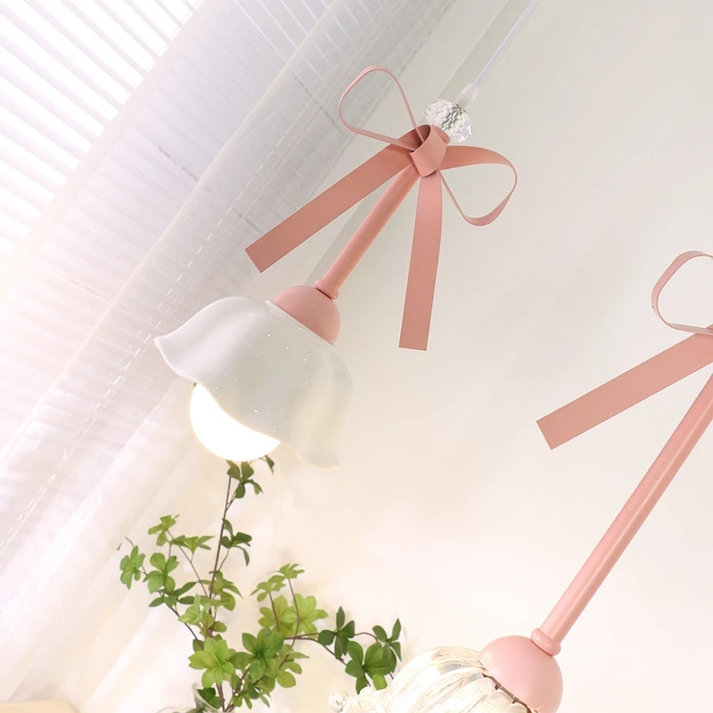 Bedroom Bedside Lighting Ceramic Glass Sconces Pink Bowknot Ceiling Suspended Light Romantic Princess Room Girl Pendant Lamp