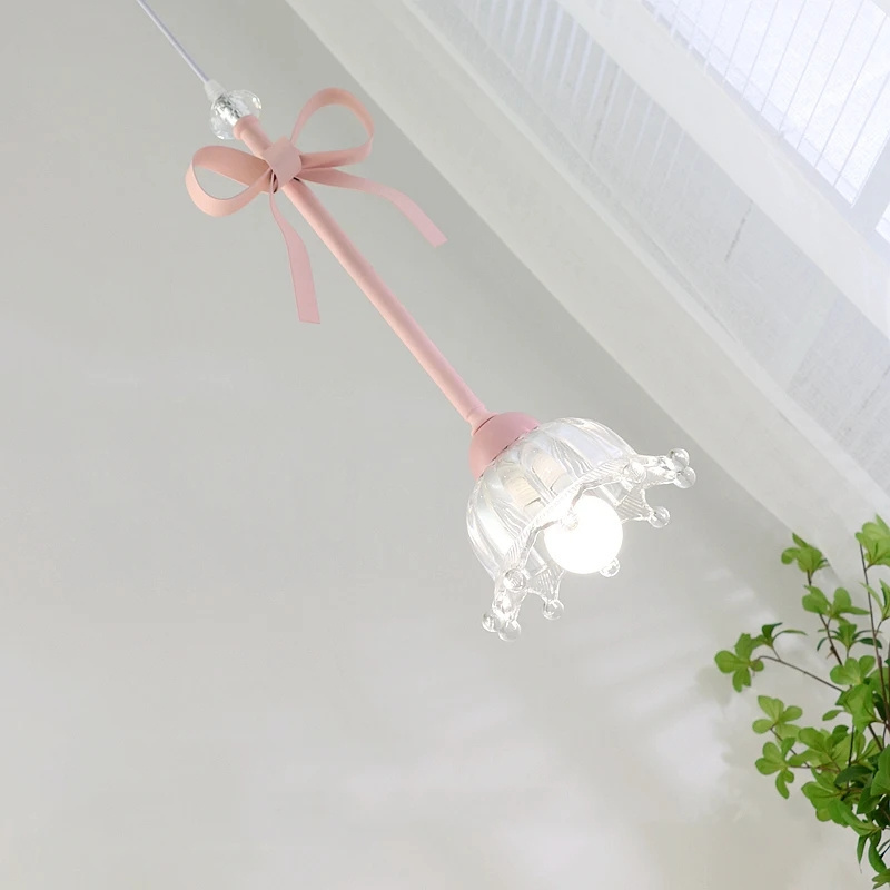 Bedroom Bedside Lighting Ceramic Glass Sconces Pink Bowknot Ceiling Suspended Light Romantic Princess Room Girl Pendant Lamp