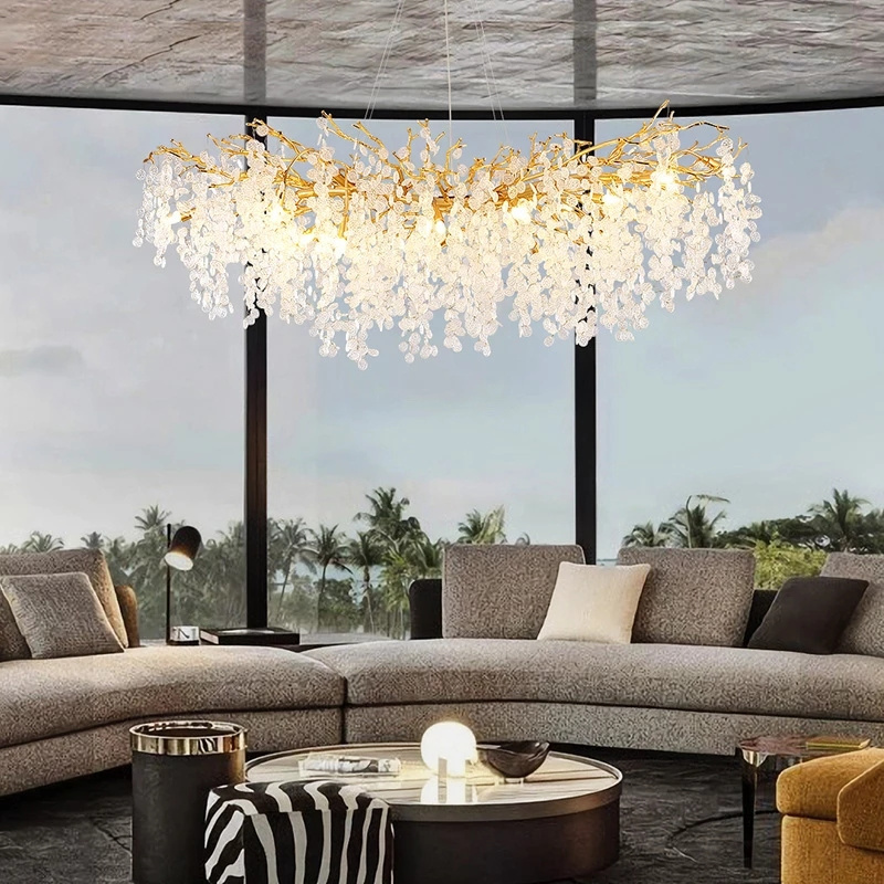 Modern LED Crystal Chandeliers Gold Money Tree Branch Pendant Lighting Round Ceiling Light Fixtures For Living Room Bedroom