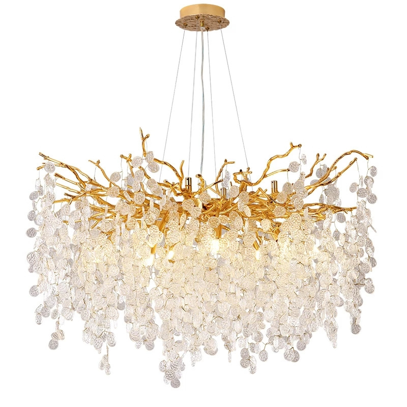 Modern LED Crystal Chandeliers Gold Money Tree Branch Pendant Lighting Round Ceiling Light Fixtures For Living Room Bedroom