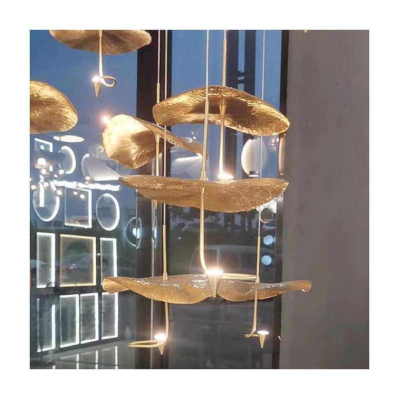 LED Home Decor Chandelier for Dining Room Bedroom Loft Restaurant Hanging Lamp Modern All Copper Lotus Leaf Pendant Light